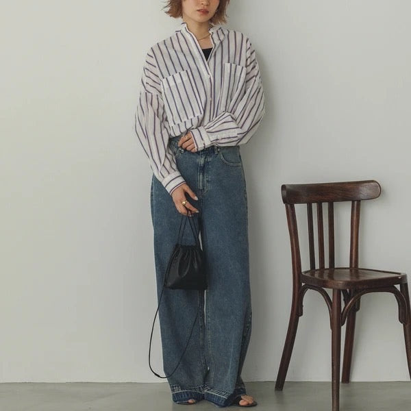 バンドカラーマルチストライプシャツ
